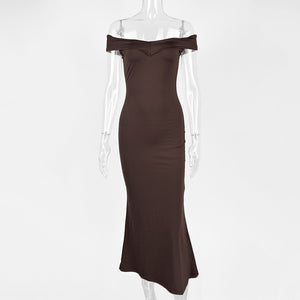 Black summer off-shoulder maxi dress by Hot Trend Vault, strapless, pleated sleeveless dress made of polyester for women's fashion.