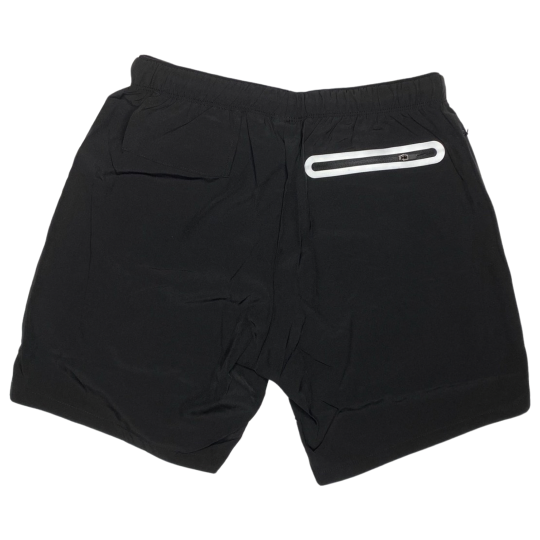 Men's black activewear compression shorts with 5-inch inseam, zippered pockets, from Hot Trend Vault.