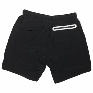 Men's black activewear compression shorts with 5-inch inseam, zippered pockets, by Hot Trend Vault, suitable for workout or running.