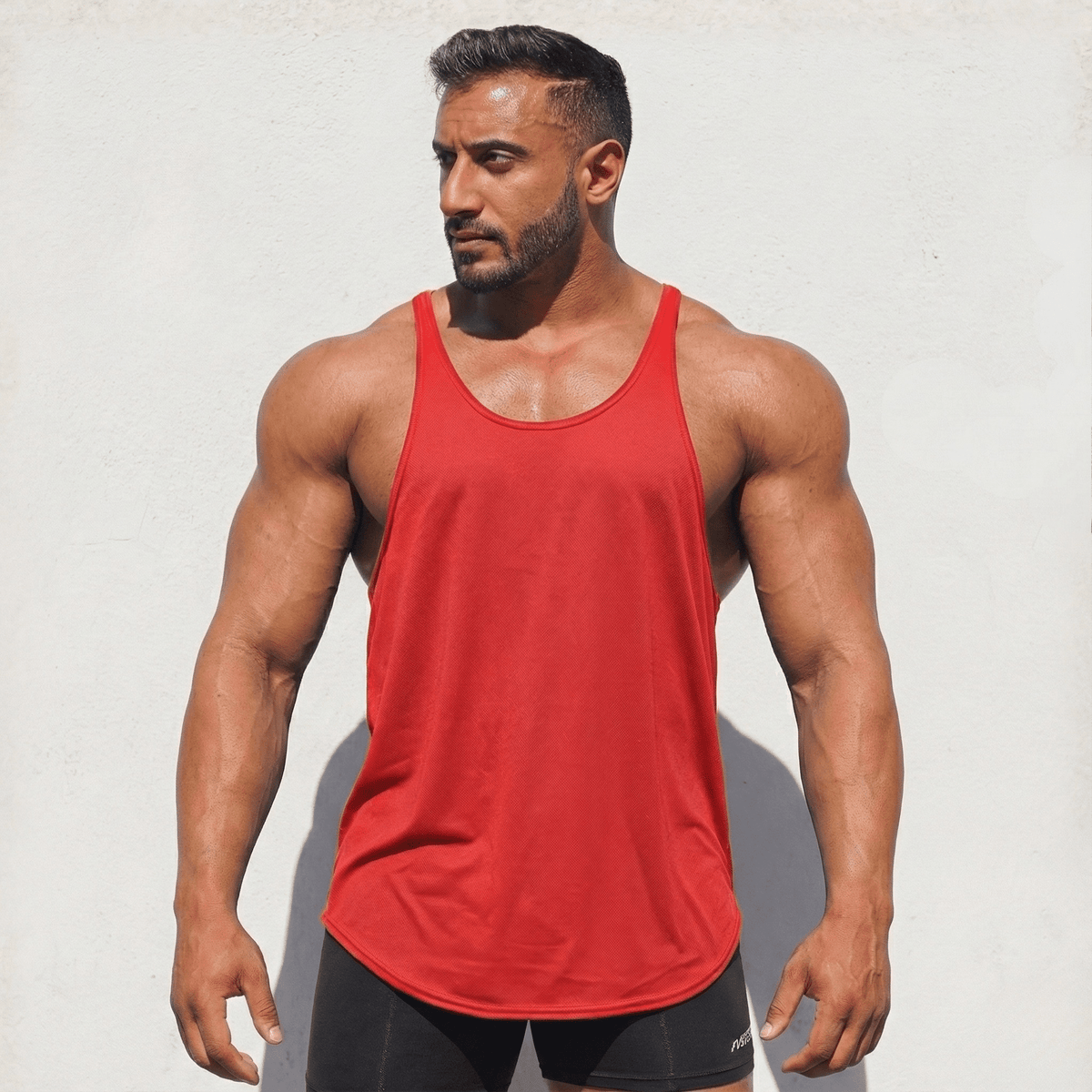 Black Physique Bodyware Original Stringer Tank Top by Hot Trend Vault, made in the USA, displayed on a mannequin.
