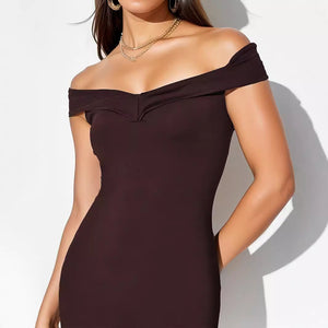 Black women's summer off-shoulder maxi dress with strapless, pleated design, sleeveless polyester from Hot Trend Vault.