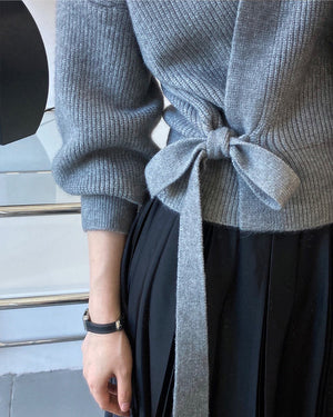 Women's French retro knitted cardigan by Hot Trend Vault with V-neck, tie detail, loose fit, handmade sweater for women.