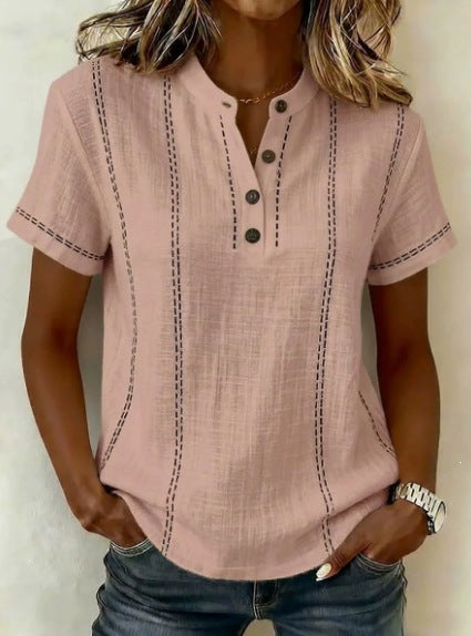 Women's summer striped short sleeve blouse with stand collar, V-neck, and button details by Hot Trend Vault