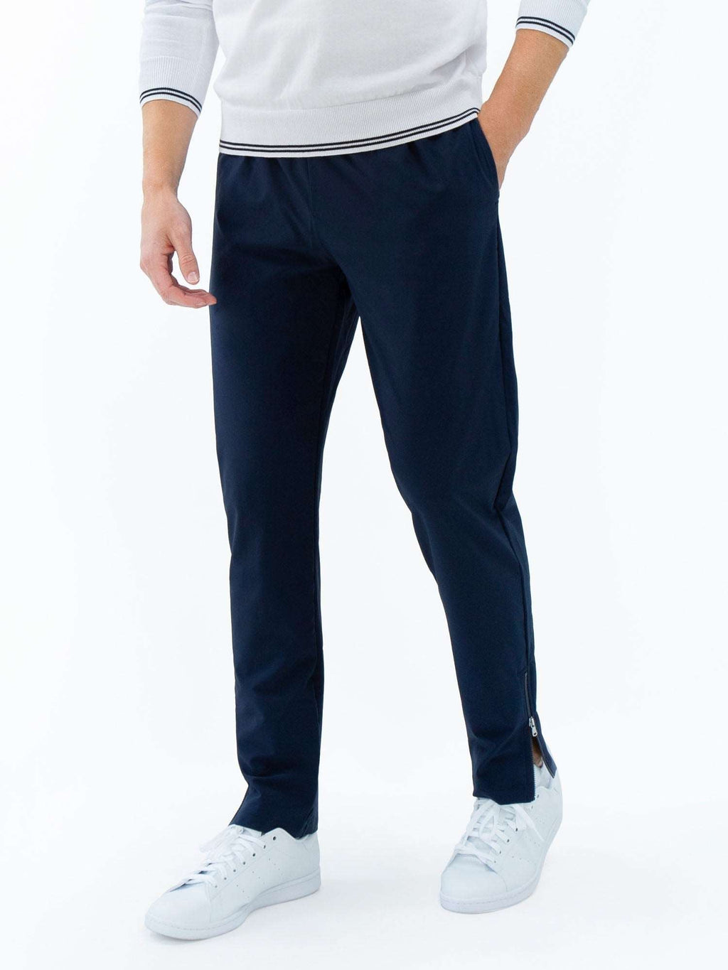 Men's midnight tennis pants by Hot Trend Vault featuring a classic fit and zippered leg openings for active sportswear.