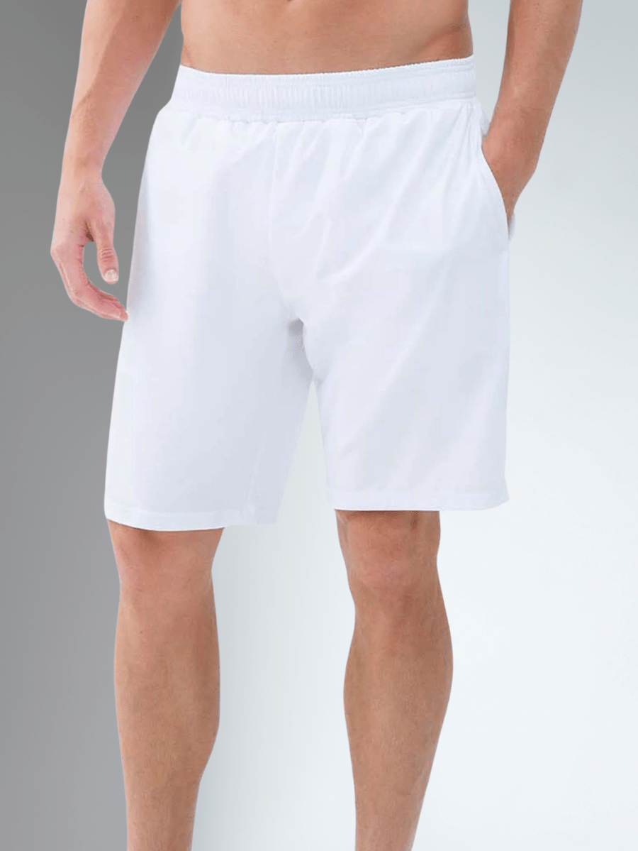 Men's white tennis shorts by Hot Trend Vault, breathable lightweight performance shorts for active men.
