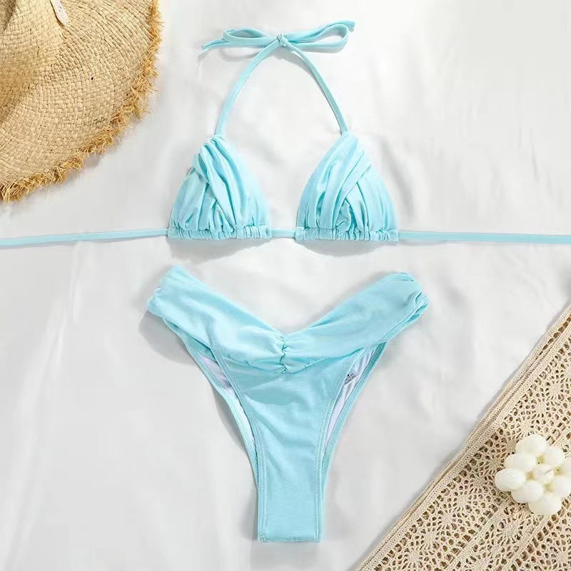 Women's two-piece bikini swimsuit set by Hot Trend Vault featuring a split design, perfect for summer beachwear in nylon spandex fabric.