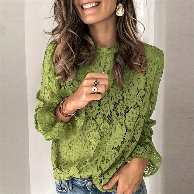 Hollow lace shirt for women by Hot Trend Vault, street style loose fit with medium length, detailed lace pattern.