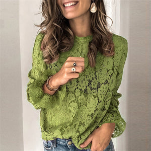 Women’s loose-fit hollow lace shirt from Hot Trend Vault, street style medium-length blouse with intricate lace details.