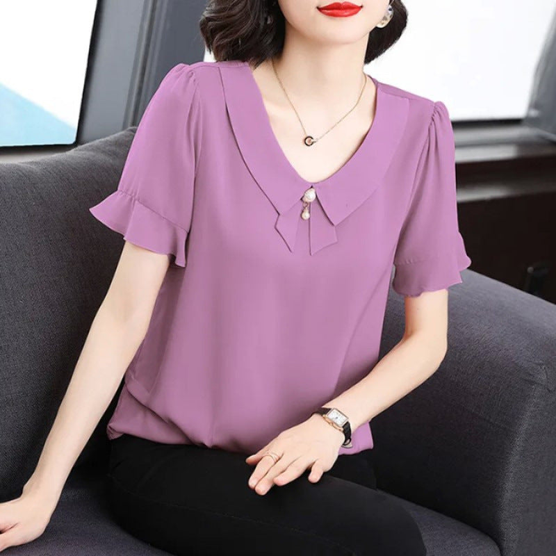 Women’s polyester chiffon summer top with loose fit and bell sleeves, in solid color, by Hot Trend Vault.