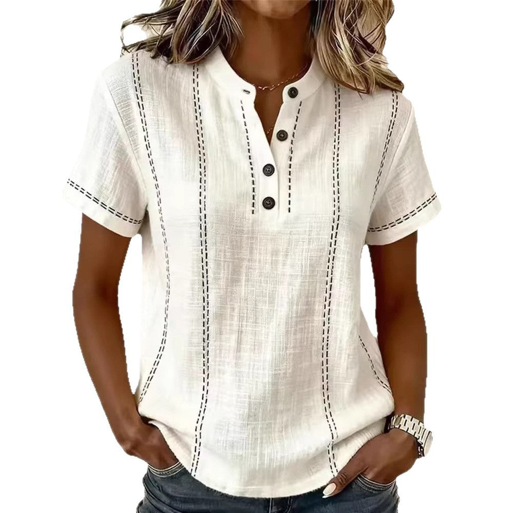 Women’s summer striped short sleeve blouse with stand collar, V-neck, and button details by Hot Trend Vault.