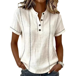 Women’s summer striped short sleeve blouse with stand collar, V-neck, and button details by Hot Trend Vault.