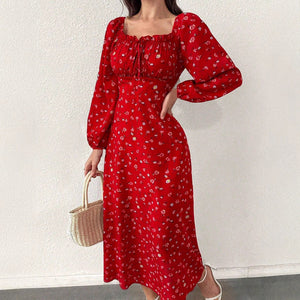 Red resort style belted maxi dress for women with high waist, long sleeves, and slim fit from Hot Trend Vault.