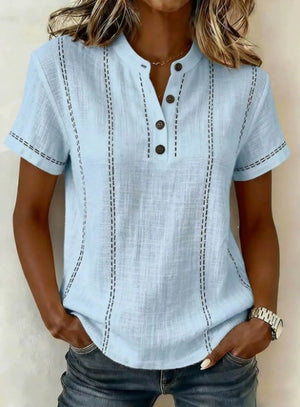 Hot Trend Vault women's summer striped short sleeve blouse with stand collar, V-neck, and button details, casual and stylish.
