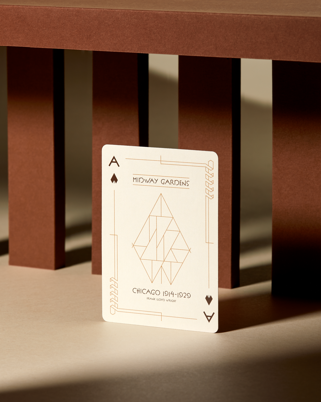 Frank Lloyd Wright Midway Gardens commemorative playing cards by Art of Play, featuring intricate designs on the card fronts and backs.