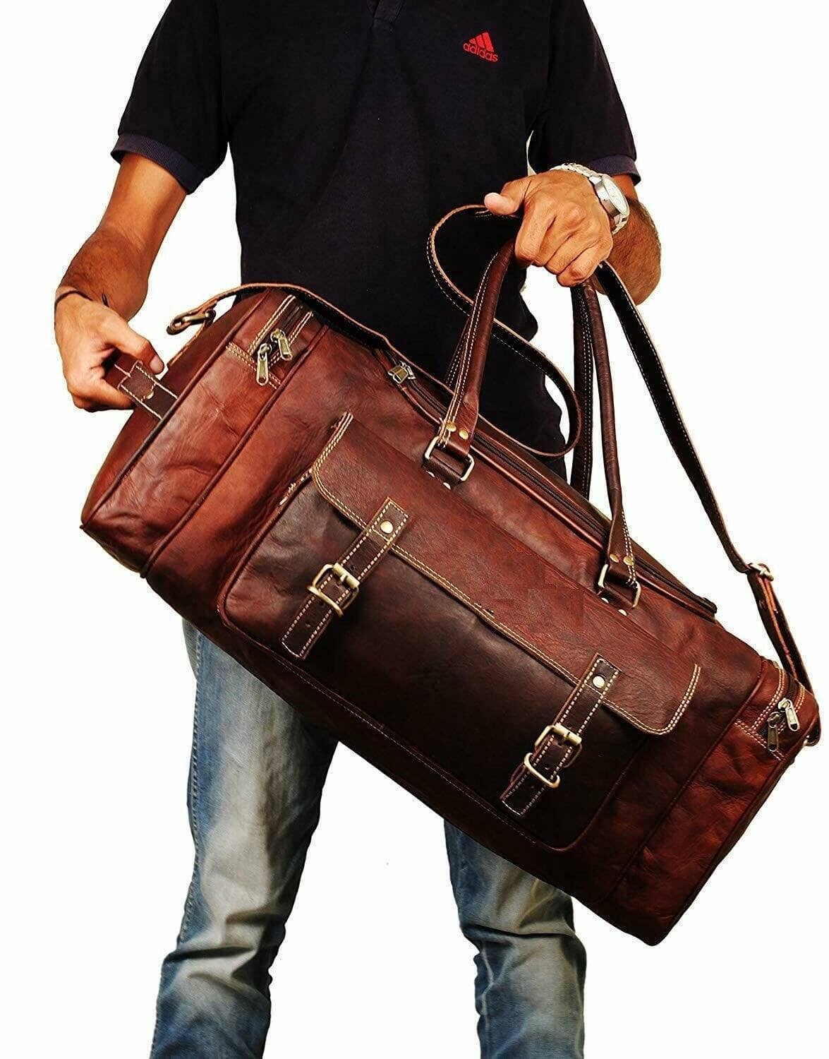Hot Trend Vault goat leather duffel bag with four exterior pockets, stylish weekender travel bag for men and women.