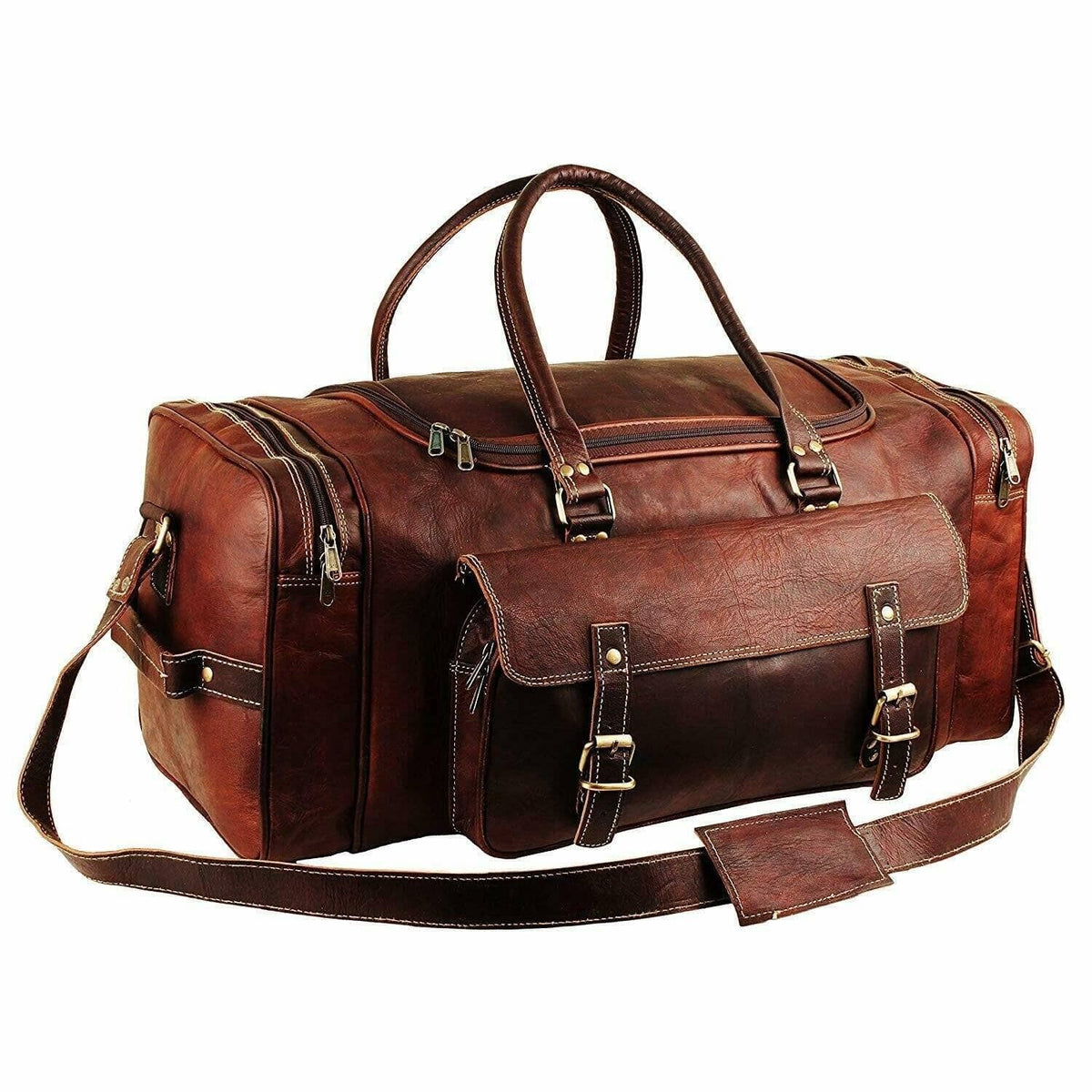 Hot Trend Vault goat leather weekender duffle bag with four exterior pockets, vintage-style travel duffel for men and women.