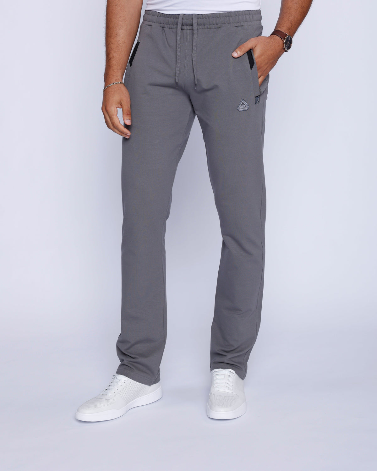 Grey men's athletic sweatpants by Hot Trend Vault, straight fit, comfortable cotton blend loungewear for all-day wear.