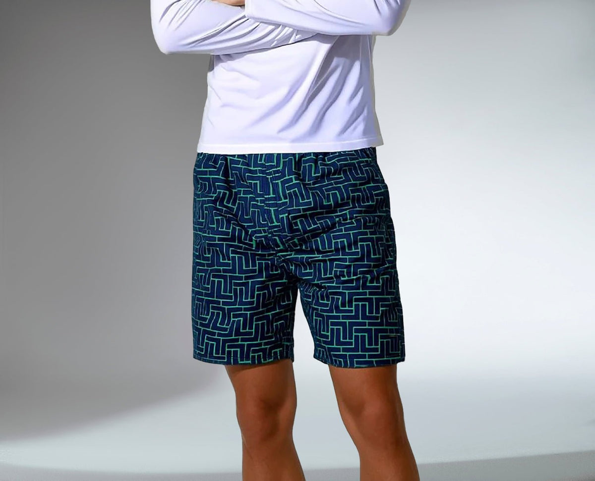 Men's tennis spin shorts with pockets, UV protection, and tessellated design by Hot Trend Vault, shown on a model.