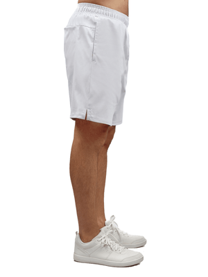 Men's white tennis shorts with pockets and UV protection by Hot Trend Vault, designed for active sports and comfort.