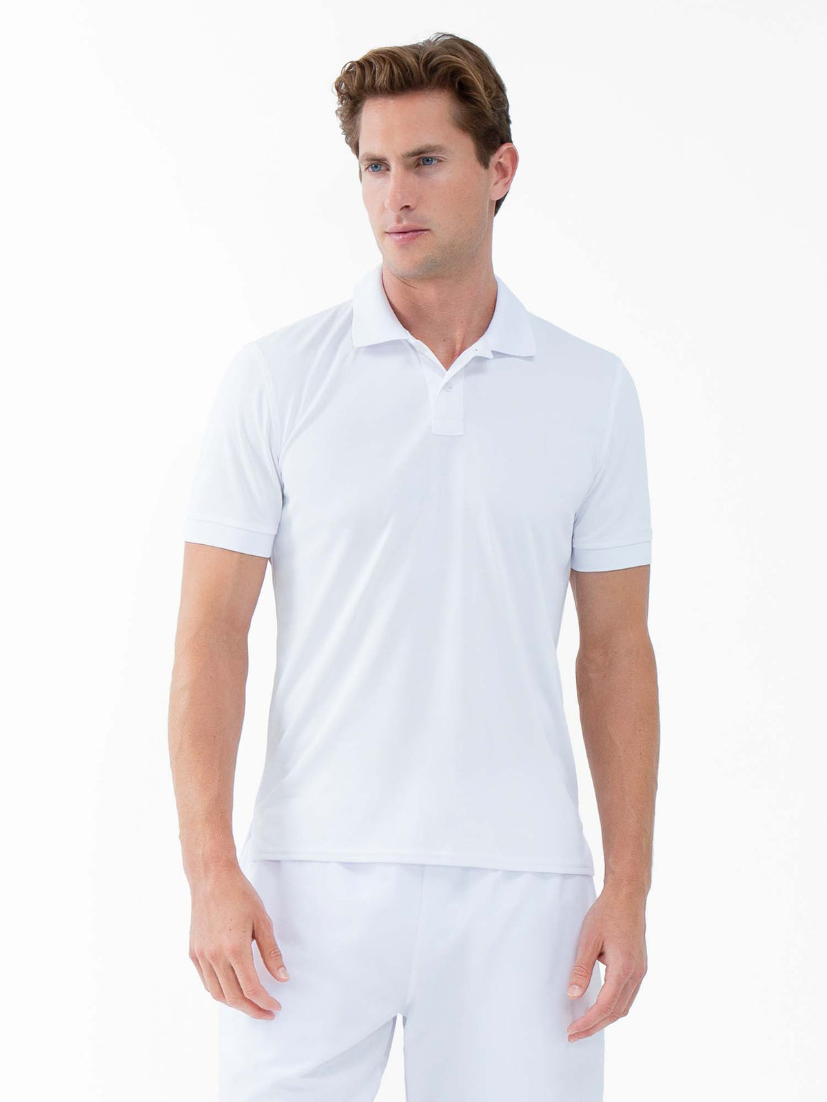 White men's tennis polo shirt with ribbed collar from Hot Trend Vault, designed for performance and classic style.