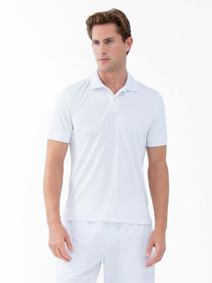 White men's tennis polo shirt with ribbed collar from Hot Trend Vault, designed for performance and classic style.