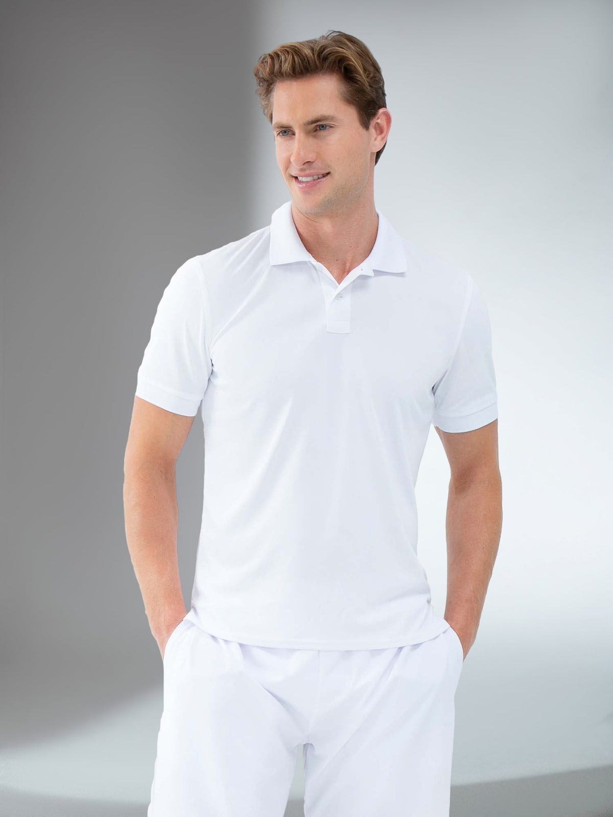 White men's tennis polo shirt with rib collar from Hot Trend Vault, designed for performance and classic style.