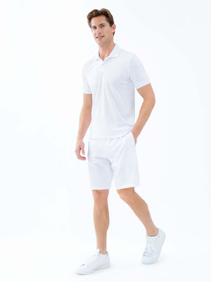 Men's white tennis polo shirt with rib collar by Hot Trend Vault, designed for performance and classic style.