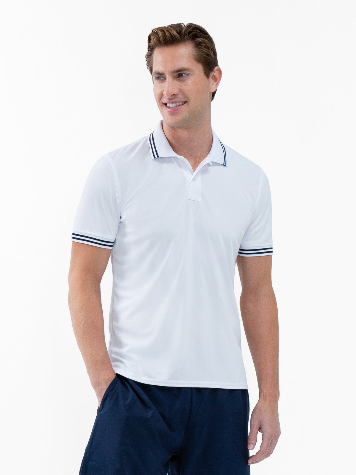 Men's white midnight tennis polo shirt with rib collar from Hot Trend Vault, designed for performance and classic style.