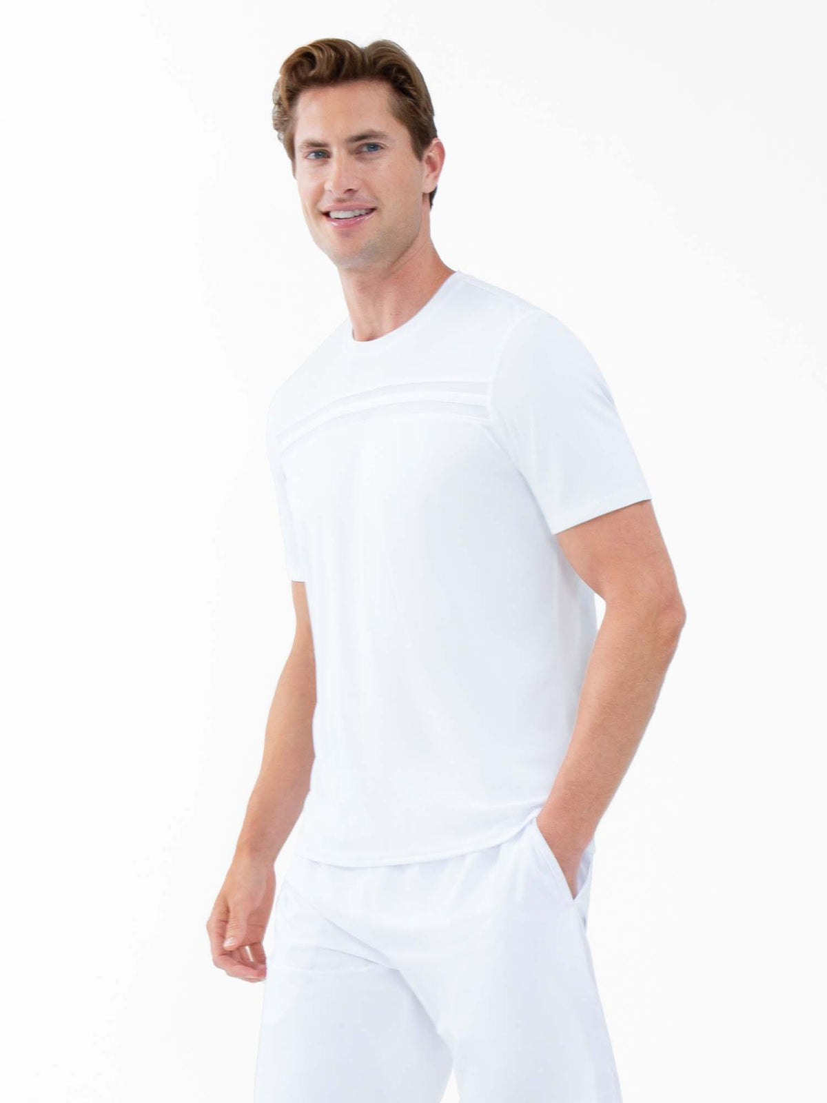 Men's white tennis shirt by Hot Trend Vault with short sleeves and crew neck, designed for performance and tournament play.