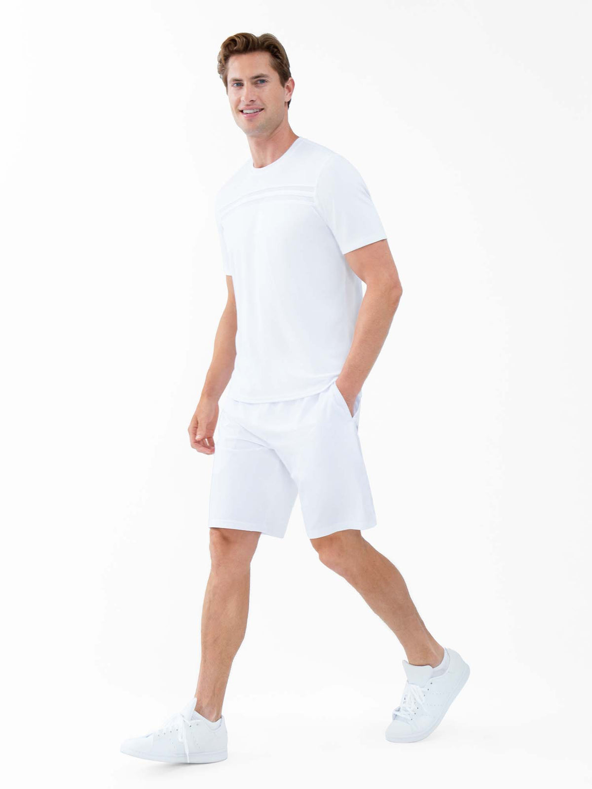 Men's white tennis shirt by Hot Trend Vault, performance short sleeve crew neck top for tournament play.