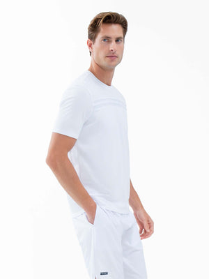Men's white tennis shirt from Hot Trend Vault with short sleeves and crew neck, designed for performance and comfort.