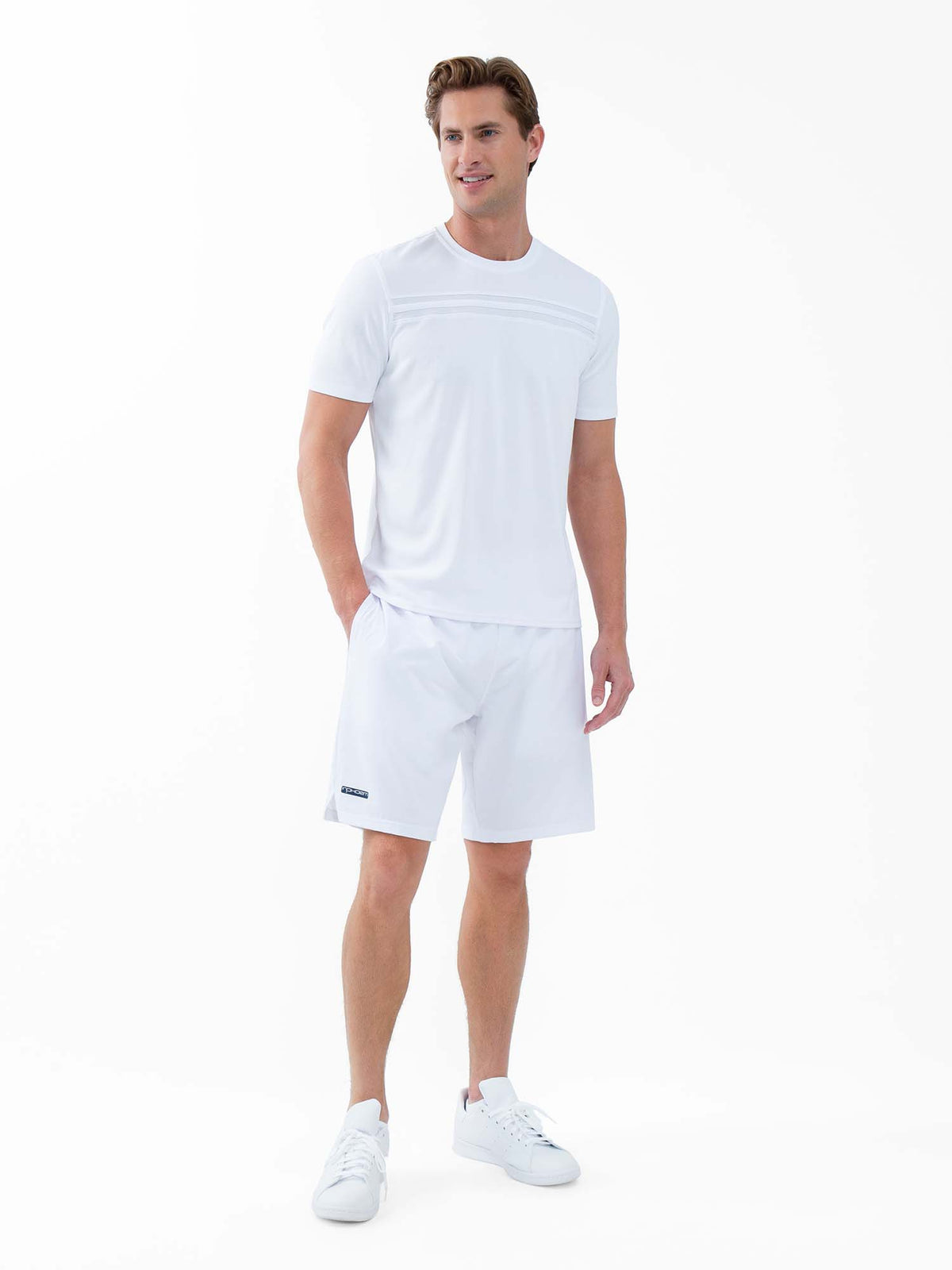 Men's white tennis shirt by Hot Trend Vault featuring short sleeves and a crew neck, designed for performance on the court.