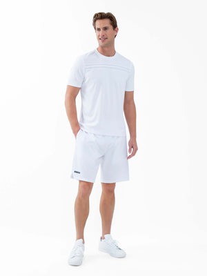 Men's white tennis shirt by Hot Trend Vault featuring short sleeves and a crew neck, designed for performance on the court.