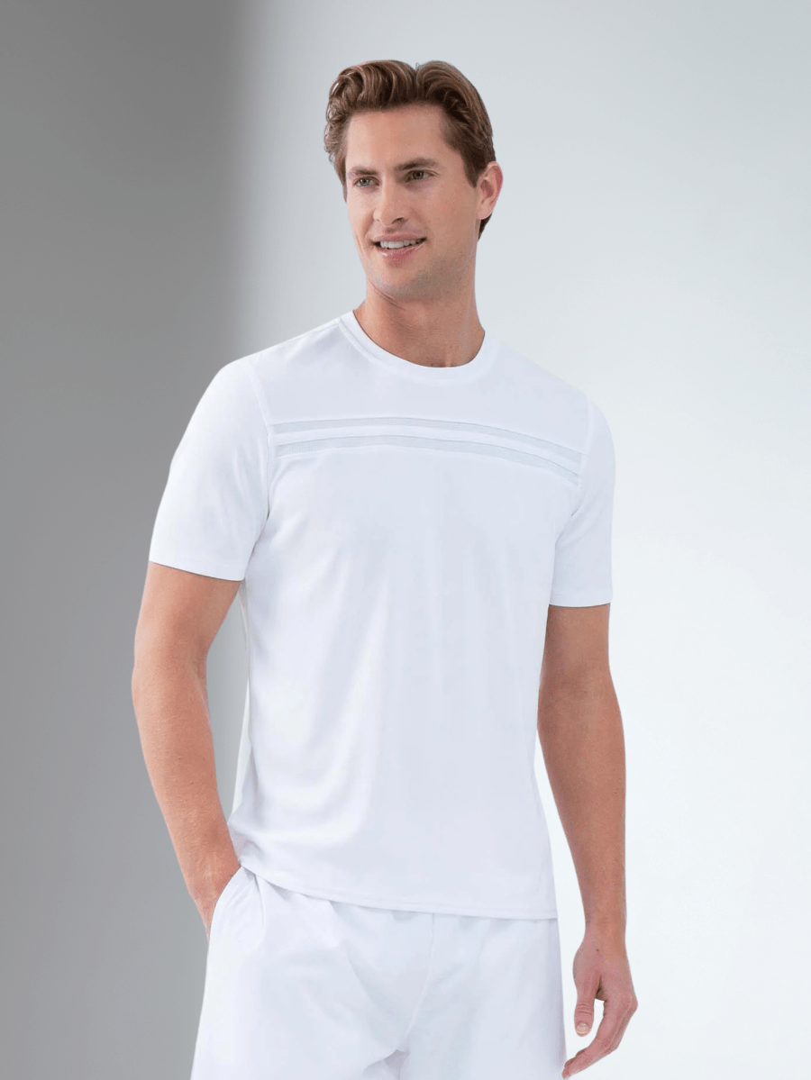 Men's white tennis shirt from Hot Trend Vault with short sleeves and crew neck, designed for performance and comfort.