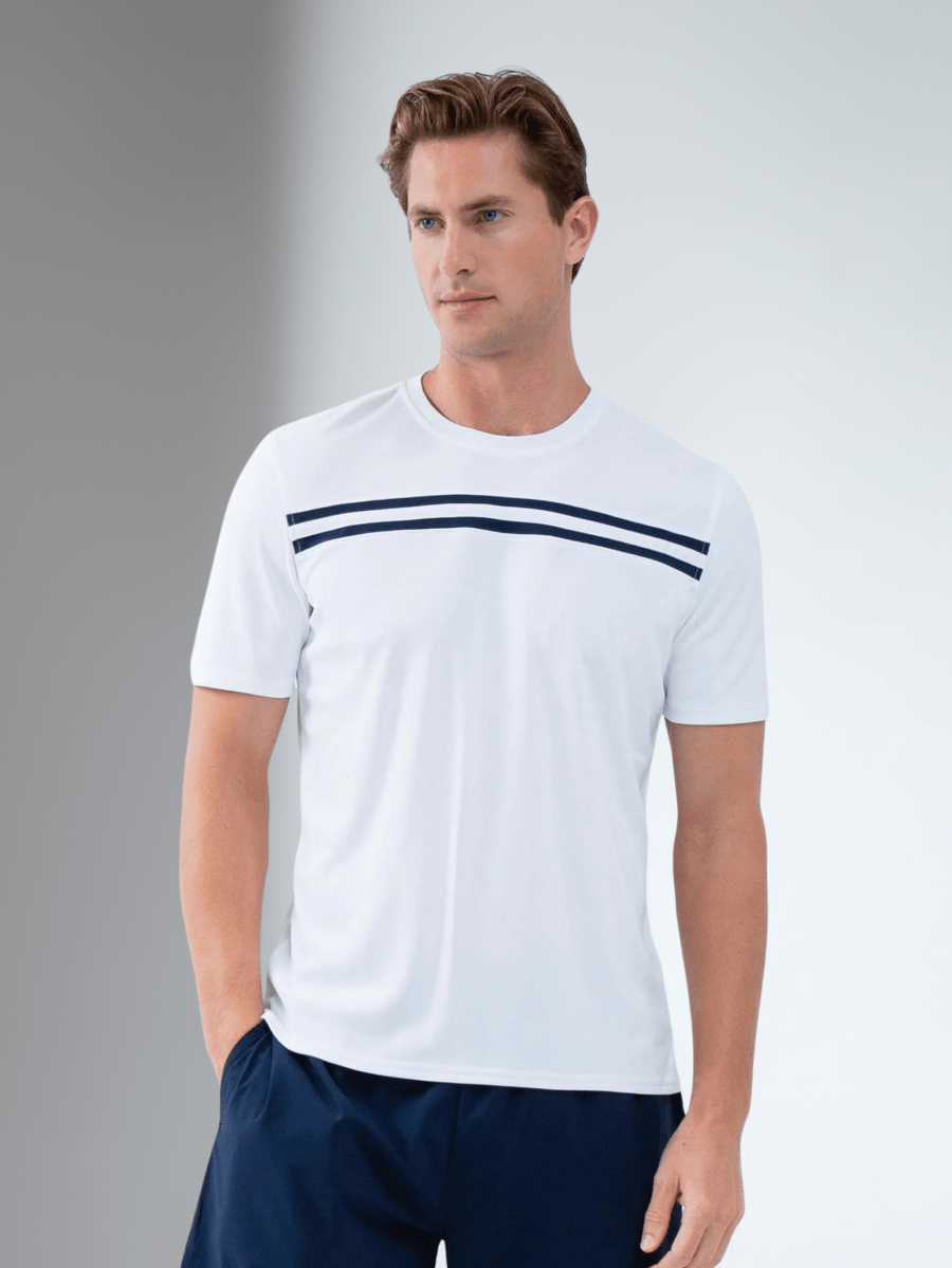 Men's white midnight performance short sleeve crew neck shirt by Hot Trend Vault, designed for active wear and comfort.