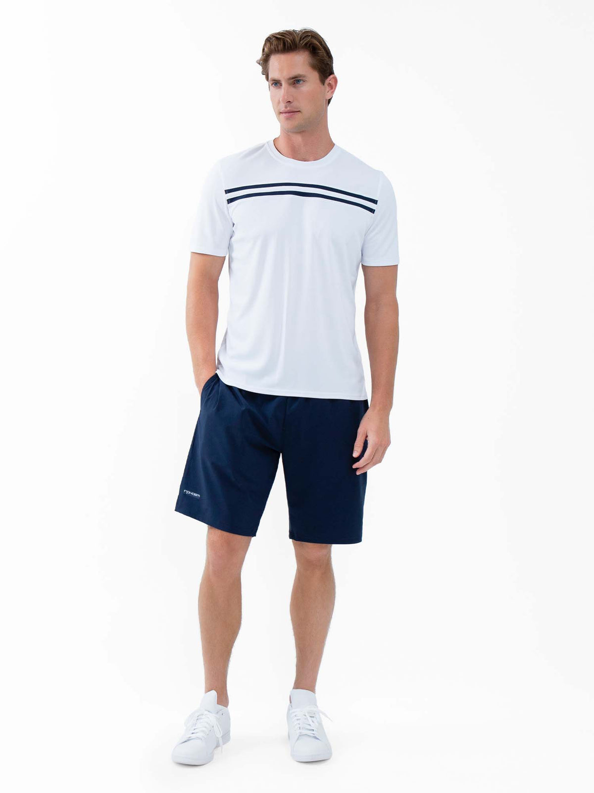 Men's white midnight performance tournament short sleeve crew neck shirt by Hot Trend Vault, shown on a model.