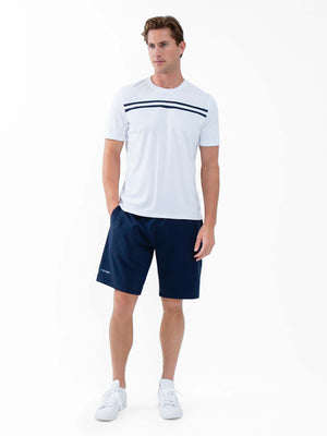 Men's white midnight performance tournament short sleeve crew neck shirt by Hot Trend Vault, shown on a model.