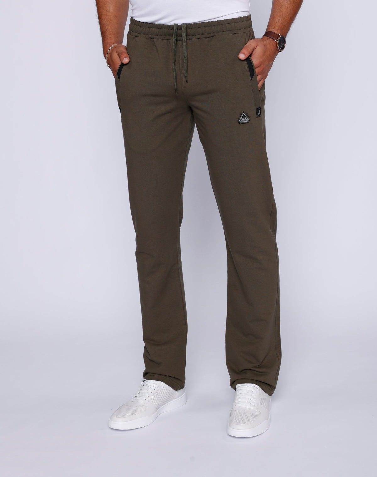 Men's All Day Comfort Athletic Sweatpants in khaki green by Hot Trend Vault, straight tall fit, showing the relaxed fit and soft fabric.