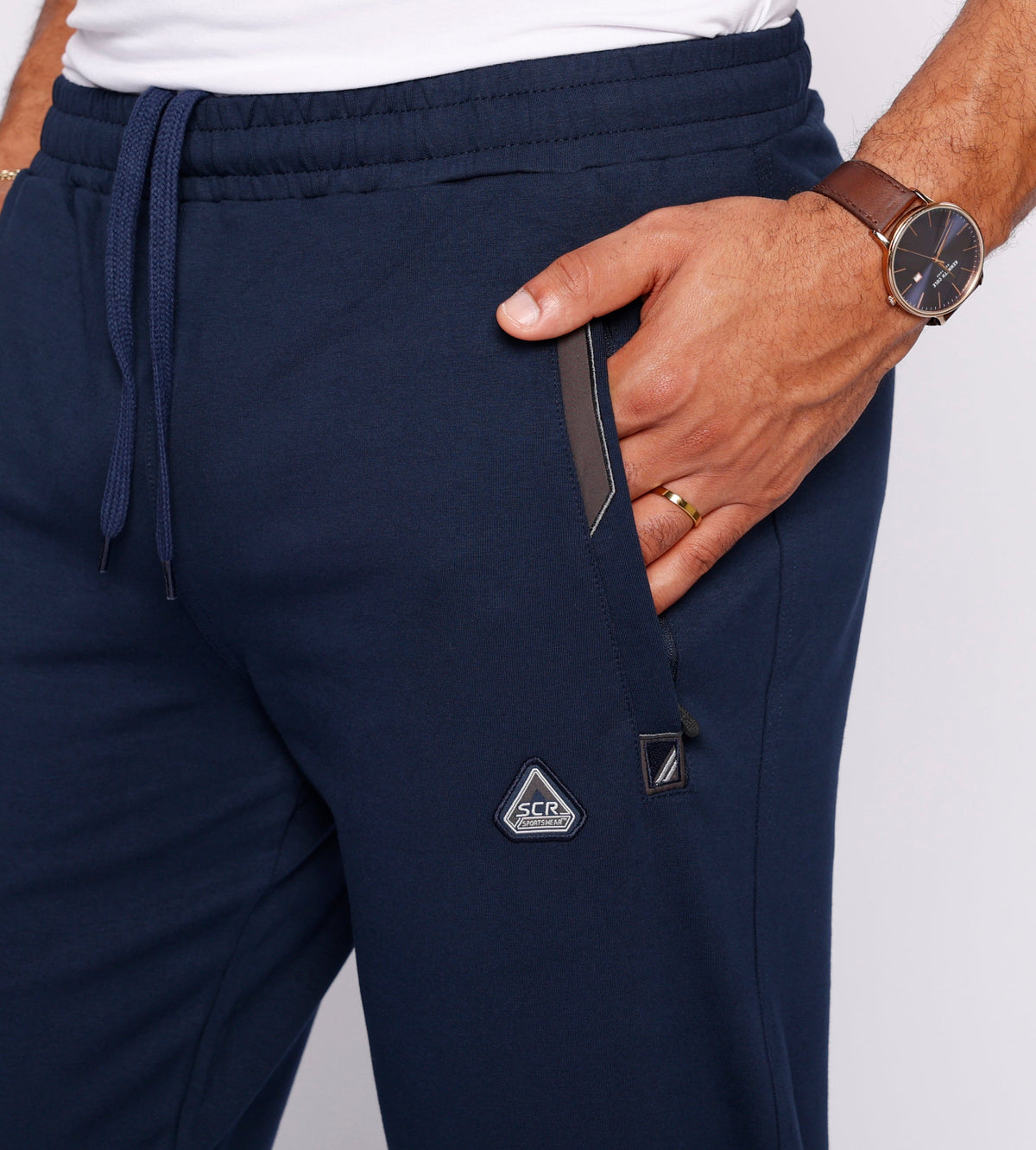 Men's navy athletic sweatpants from Hot Trend Vault, straight fit, 34-inch inseam, made with eco-friendly Oeko-Tex certified fabric.