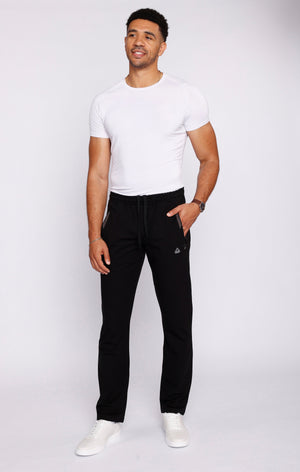 Men's black athletic fit sweatpants with straight tall fit and 36-inch inseam from Hot Trend Vault, shown on a model.