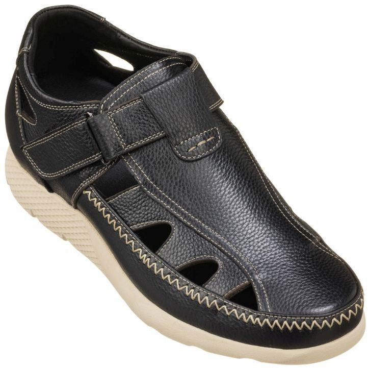 Black Calto K2132 fisherman sandals by Hot Trend Vault, featuring a 2.8-inch height increase and lightweight design.