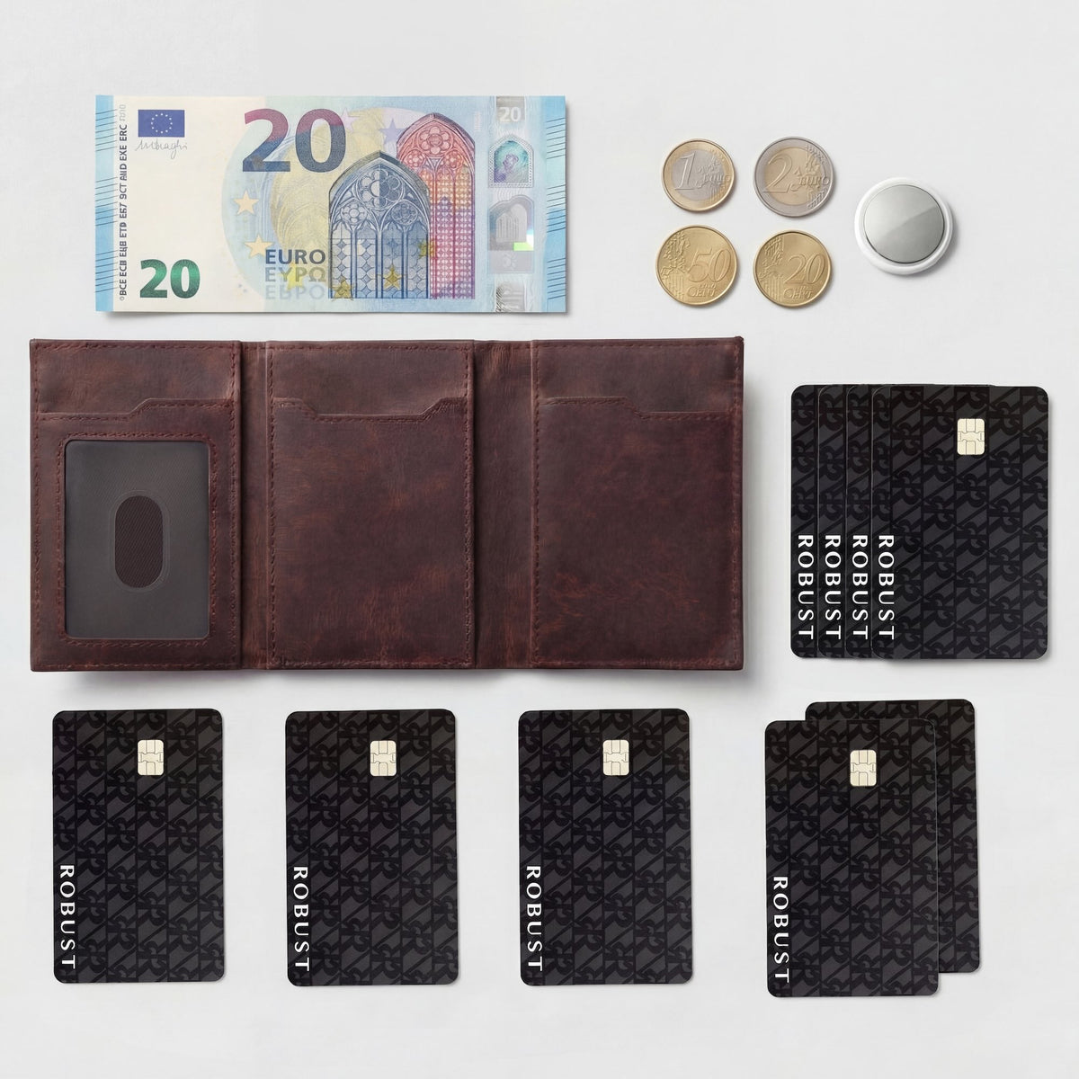 Full-grain vegetable tanned leather wallet with RFID blocking and popup card feature, showcasing sleek design and premium craftsmanship.