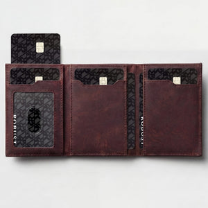 Full-grain vegetable-tanned leather wallet with RFID blocking and popup card feature, shown in a detailed close-up image.
