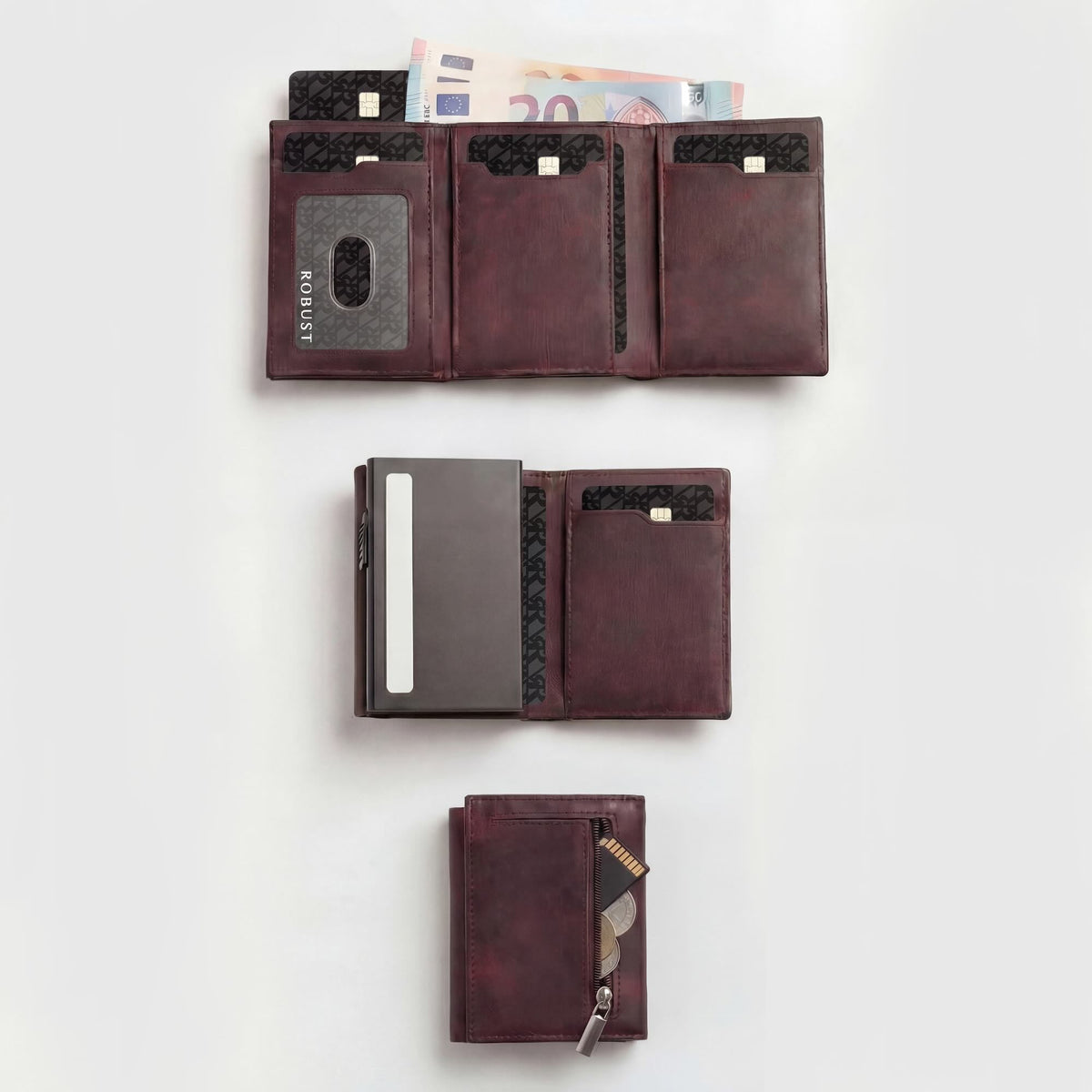 Full-grain vegetable-tanned leather wallet with RFID blocking and popup card feature, designed by Hot Trend Vault.